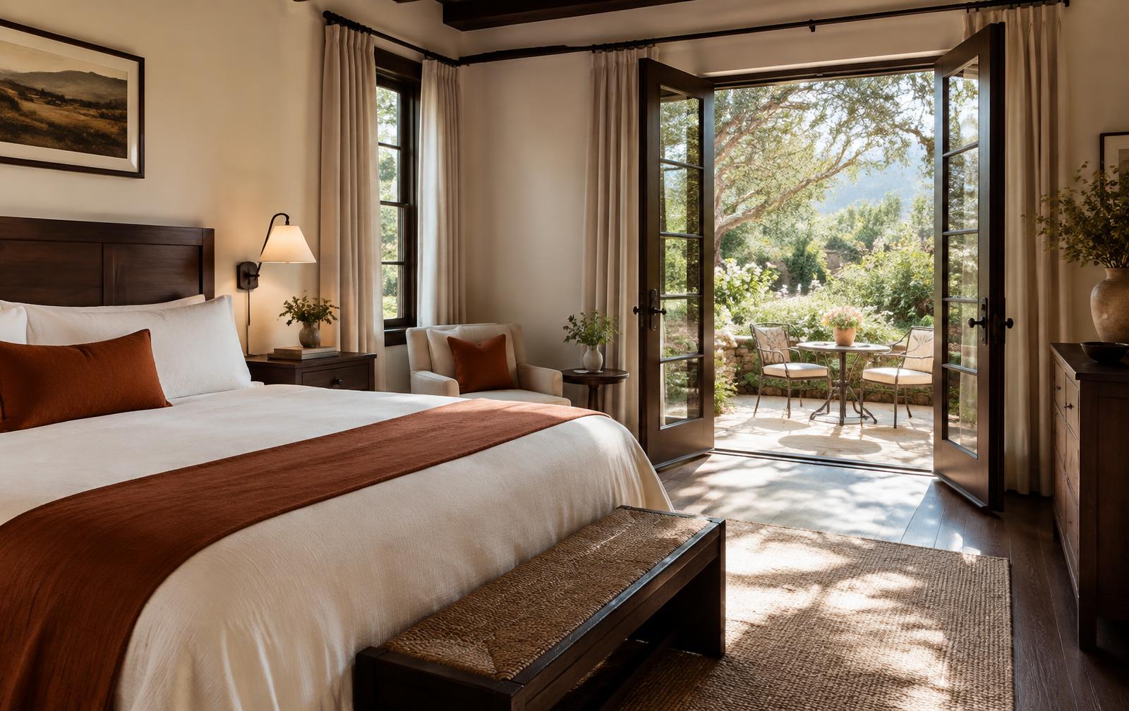 Sunlit guest room opening onto a garden terrace