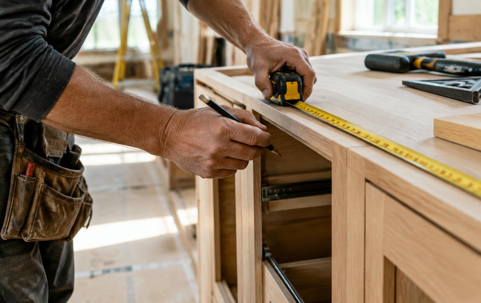 Contractor carefully measuring custom woodwork